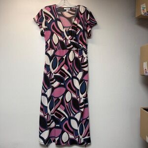 Liz Lange Maternity Dress Women Medium Pink Navy Abstract Faux Wrap Midi EX